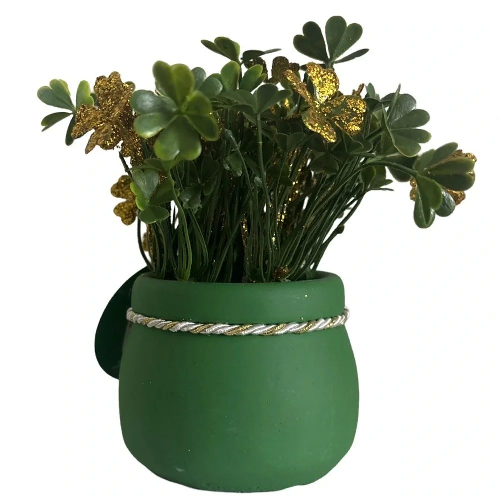 St Patricks Day Table Top Decor Green Gold Decorative Four Leaf Clover Plant Pot